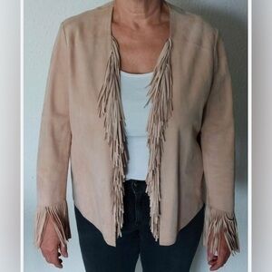 Marc Cain Tan Leather Suede Cropped Fringed light weight jacket size small